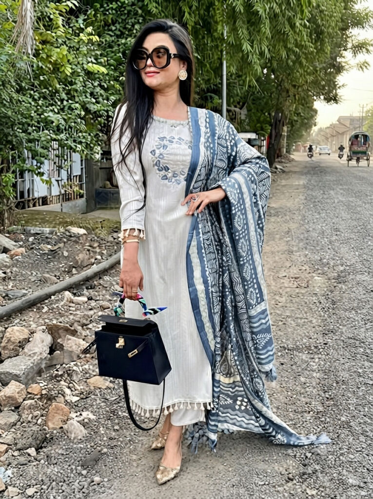 Cotton Dobby Embroidered Straight kurti pant with printed dupatta set