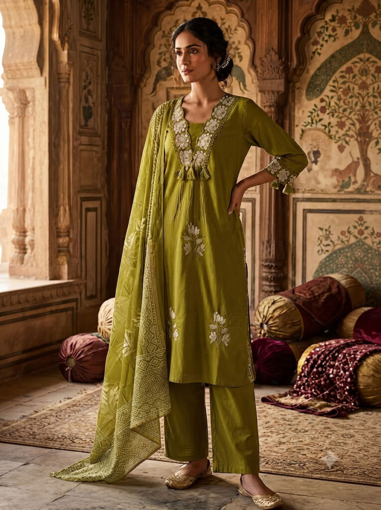 Pure cotton embroidered work kurti pant with printed dupatta set.