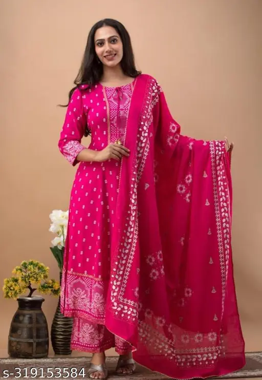 Women's Rayon Printed Anarkali Kurti with Pant and Dupatta Set - p-5a0kh7 - Image 7