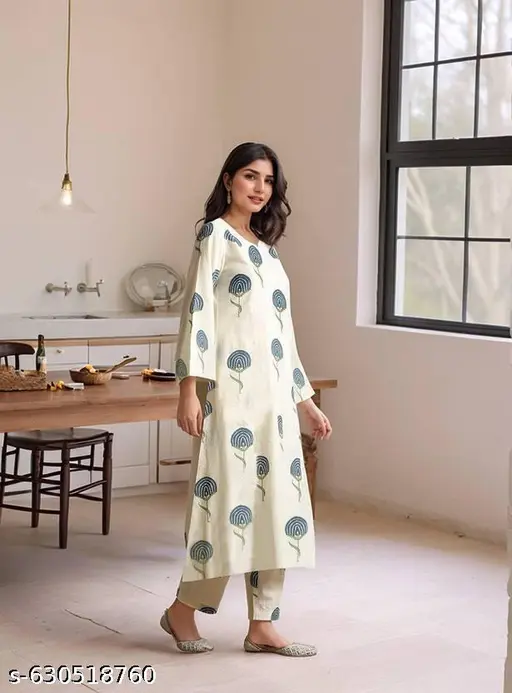 Trendy Floral Printed Cotton Kurta & Pant Set - p-afe7e0 - Image 4