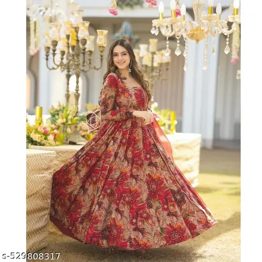 Flower Print Long Anarkali Kurti With Dupatta ( No Bottomwear ) - p-8rfmpp