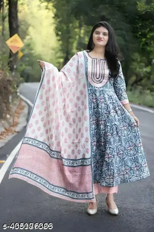 Premium Printed Designer Anarkali Embroidery Women Kurta With Pant And Cotton Dupatta - p-773c6n
