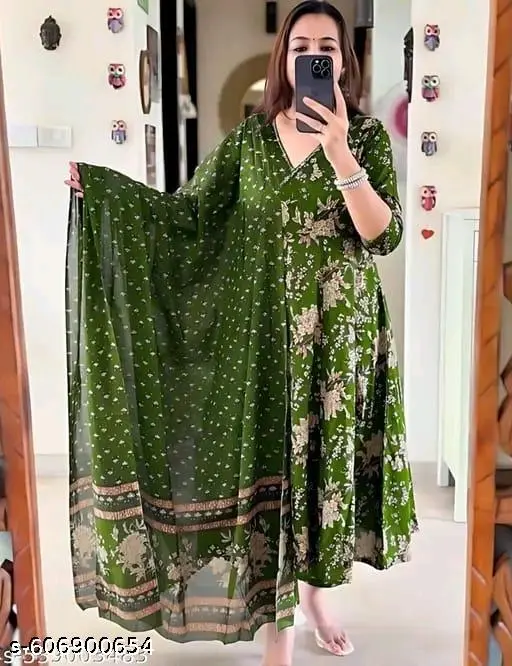 Green Premium Printed Designer Anarkali Embroidery Woman Rayon Kurta With Pant And Duppta Set - p-a1bzji