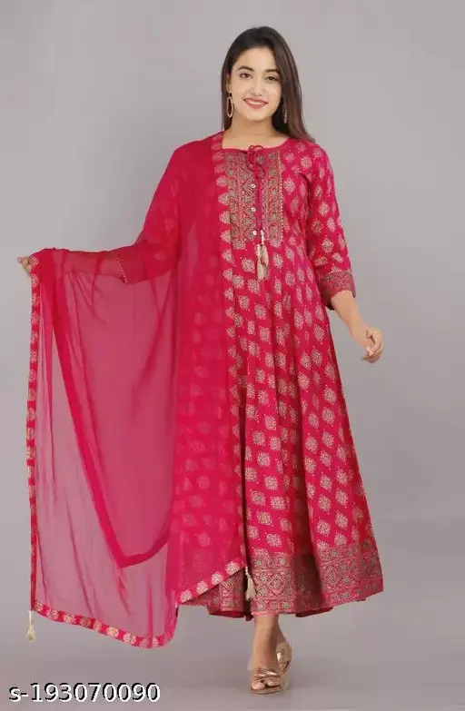 Atttractive Pink Rayon Anarkali Kurta with Dupatta - p-36y5u3 - Image 6