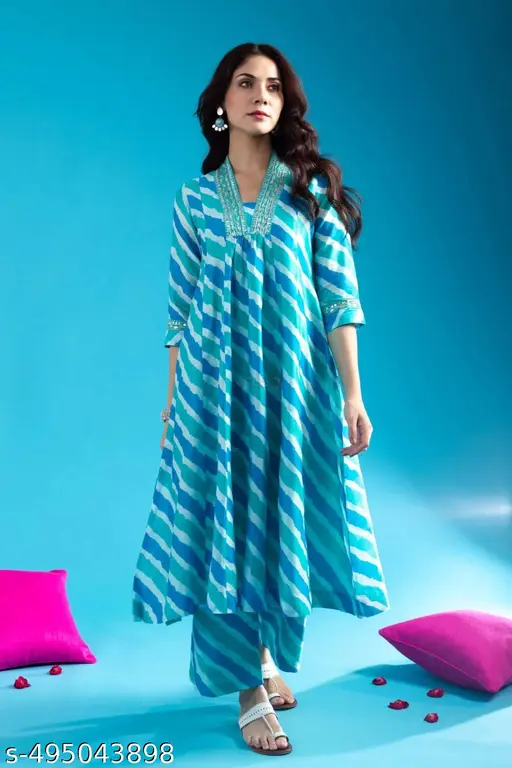 Cotton Anarkali Kurta Pant Set with Neck Embroidery - p-86qibe