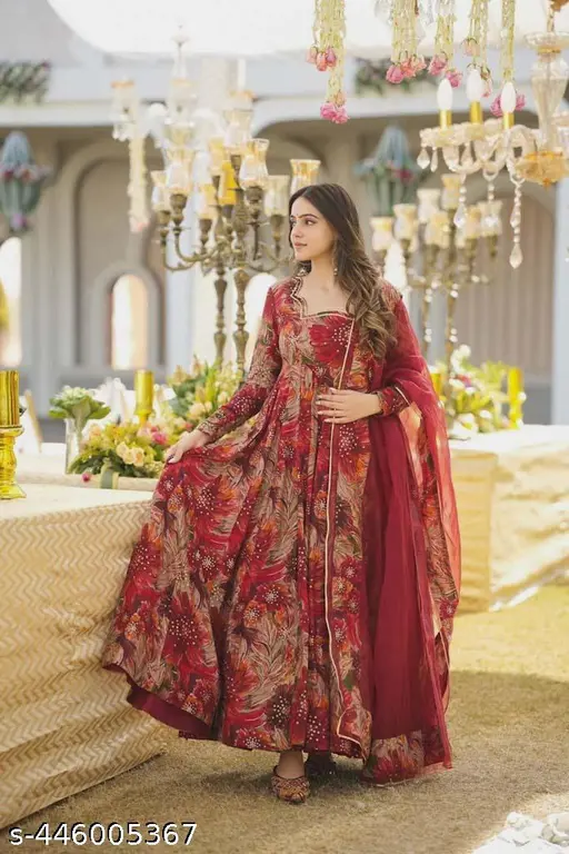 Letest Designer&Stylish floral mroon anarkali full sleeve gown for womens&girls, gown set with dupatta wedding&party wear - p-7djfxz