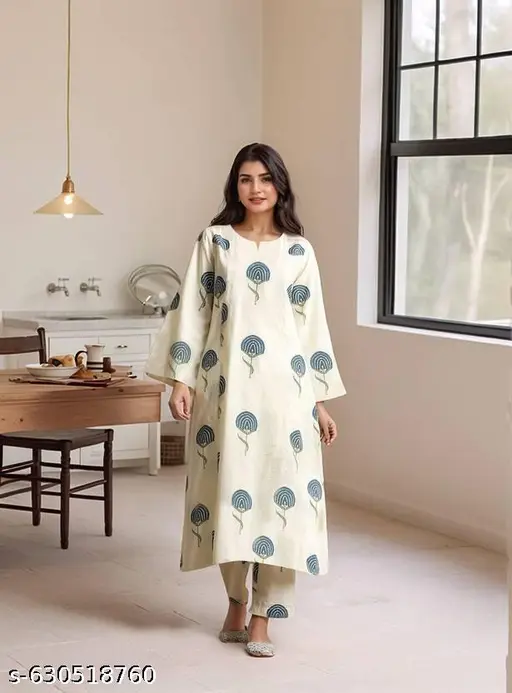 Trendy Floral Printed Cotton Kurta & Pant Set - p-afe7e0 - Image 5