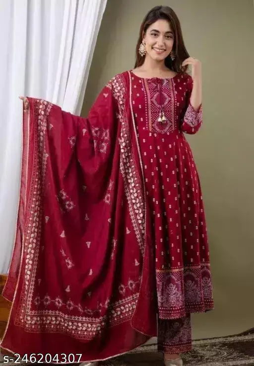 Women's Rayon Printed Anarkali Kurti with Pant and Dupatta Set - p-42l0gj