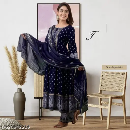 Radhe Printed and Anarkali NAVY Blue Kurti set for Woman & Girls, Three-Quarter Sleeves, febric- Reyon,Stitched,Kurti set for Wedding, Party Wear, & Daily Use (Kurti,Duptta & Palazzo) - p-a9iilk