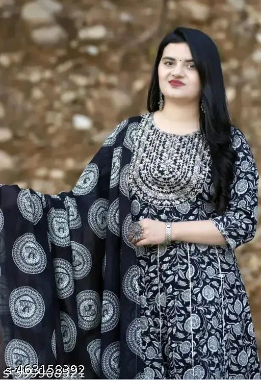 Black Premium Printed Designer Anarkali Embroidery Women Rayon Kurta With Pant And Cotton Dupatta - p-7nr3aw - Image 2