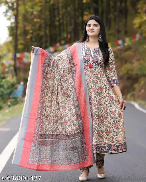 Floral Printed Round Neck Designer Anarkali Embroidery Women Rayon Kurta With Pant And Cotton Dupatta - p-ainpub