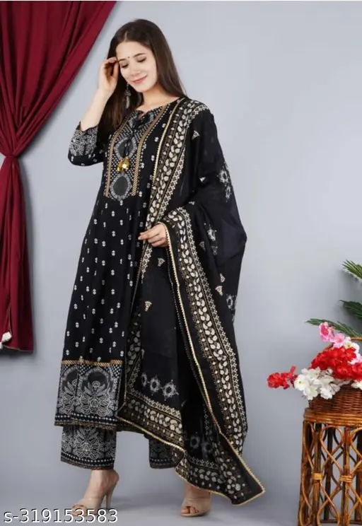 Women's Rayon Printed Anarkali Kurti with Pant and Dupatta Set - p-5a0kh7 - Image 9