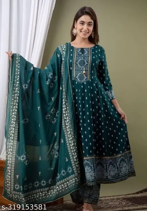 Women's Rayon Printed Anarkali Kurti with Pant and Dupatta Set - p-5a0kh7 - Image 8