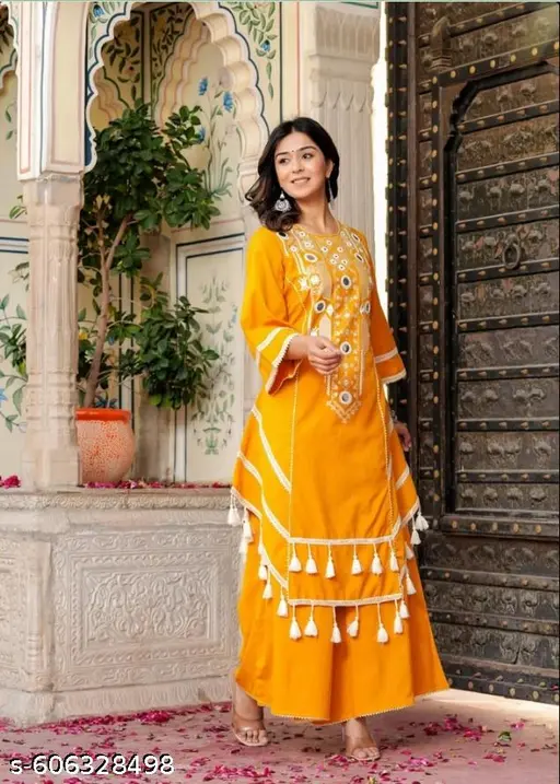"Designer Rayon Mirror Work Embroidered Kurti with Palazzo for Women" - p-a0zq2a