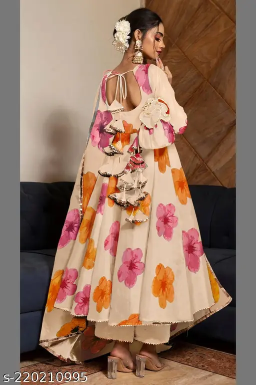 zestleaf Floral Printed Anarkali Kurta Set with Palazzo and Dupatta for Women Stylish Party Wear Readymade Flared Kurti Suit Ethnic Wear Set Full Flared Sleeves New Design - p-3n3vw3 - Image 3