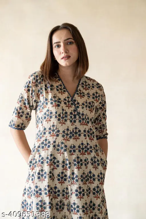1535 Off white Block Printed Cotton Anarkali Kurta with Pant - p-6rw918 - Image 4