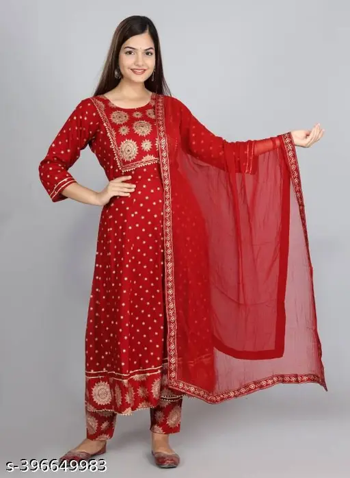 Hanu poyal wine  Anarkali Dupatta Set" Women's Printed "Anarkali Kurti" & Pant Dupatta Set - p-6k5l31 - Image 8