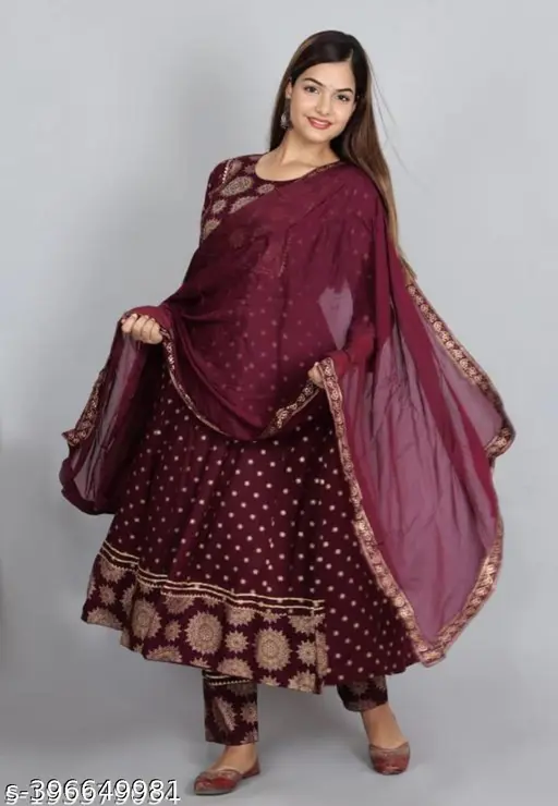 Hanu poyal wine  Anarkali Dupatta Set" Women's Printed "Anarkali Kurti" & Pant Dupatta Set - p-6k5l31 - Image 5