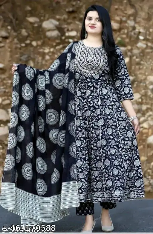Black Premium Printed Designer Anarkali Embroidery Women Rayon Kurta With Pant And Cotton Dupatta - p-7nrcpo