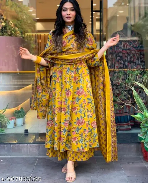 Women Printed Anarkali Kurta and palazzo Set with Malmal Dupatta - p-a1w0k7