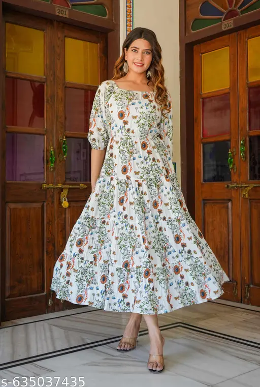 IKRASS Women's Floral Printed Tiered Style Dress (White) - p-ai320r