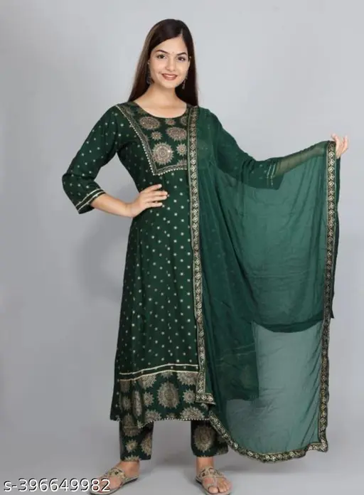 Hanu poyal wine  Anarkali Dupatta Set" Women's Printed "Anarkali Kurti" & Pant Dupatta Set - p-6k5l31 - Image 7