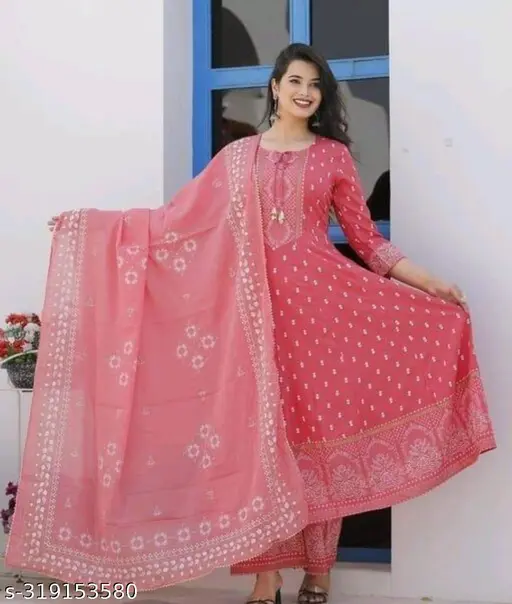 Women's Rayon Printed Anarkali Kurti with Pant and Dupatta Set - p-5a0kh7 - Image 10