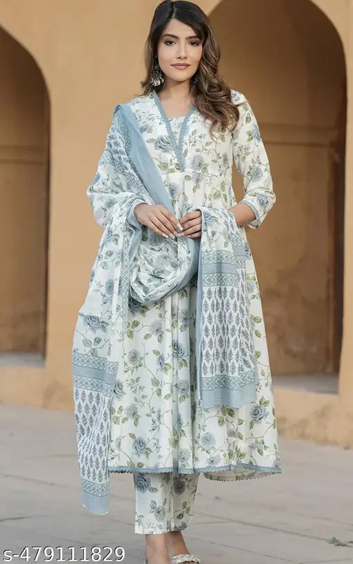 Women's Cotton Blend Printed Anarkali Kurta with Palazzo Pants and Dupatta - p-7x911w - Image 6