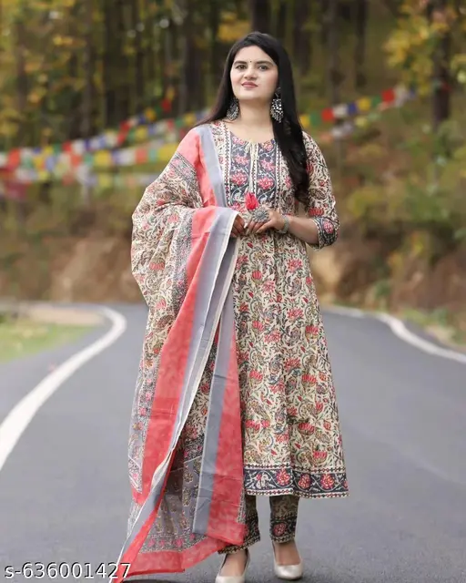 Floral Printed Round Neck Designer Anarkali Embroidery Women Rayon Kurta With Pant And Cotton Dupatta - p-ainpub - Image 4