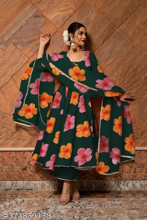 zestleaf Floral Printed Anarkali Kurta Set with Palazzo and Dupatta for Women Stylish Party Wear Readymade Flared Kurti Suit Ethnic Wear Set Full Flared Sleeves New Design - p-3n3vw3 - Image 9