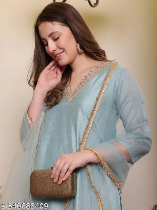 Adorable chandheri silk embroiderd kurti set with net duppatta - p-8xwtug - Image 6