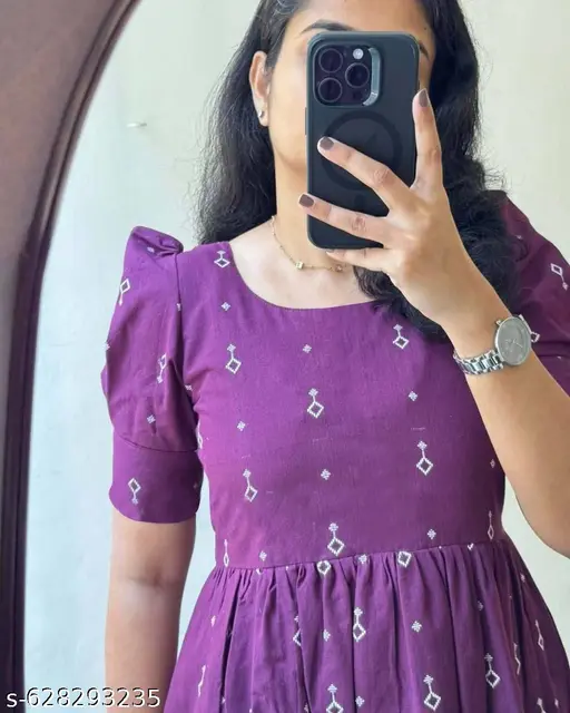 Kala Wine Purple Geometric Hand blocked Print Cotton Midi Dress with Round Neck & Puff Sleeves – Casual Fit & Flare Dress - p-ae2i5v