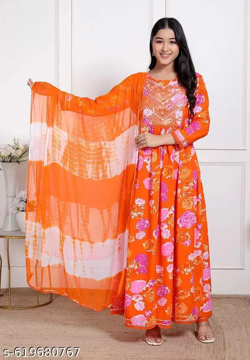 Women’s Bright Orange Floral Printed Rayon Cotton Anarkali Kurti with Dupatta | Festive Ethnic Wear for Women by Tradira - p-a8xwqn