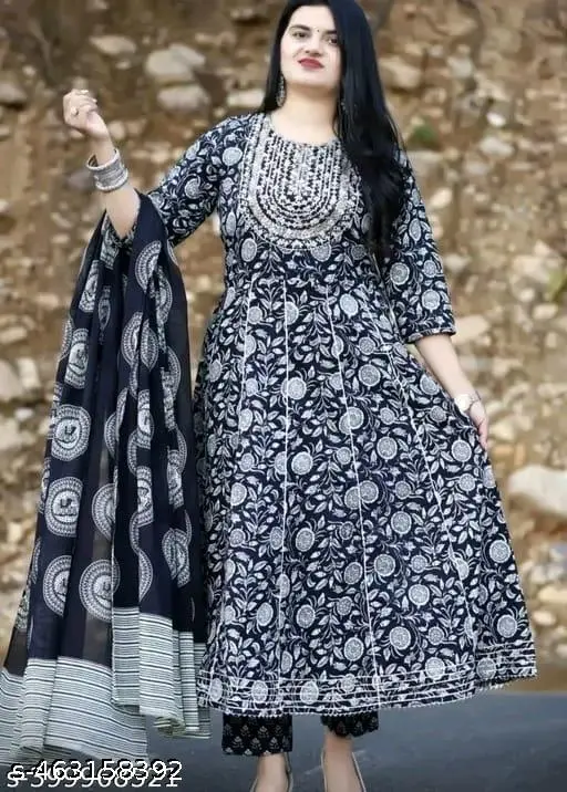 Black Premium Printed Designer Anarkali Embroidery Women Rayon Kurta With Pant And Cotton Dupatta - p-7nr3aw - Image 5