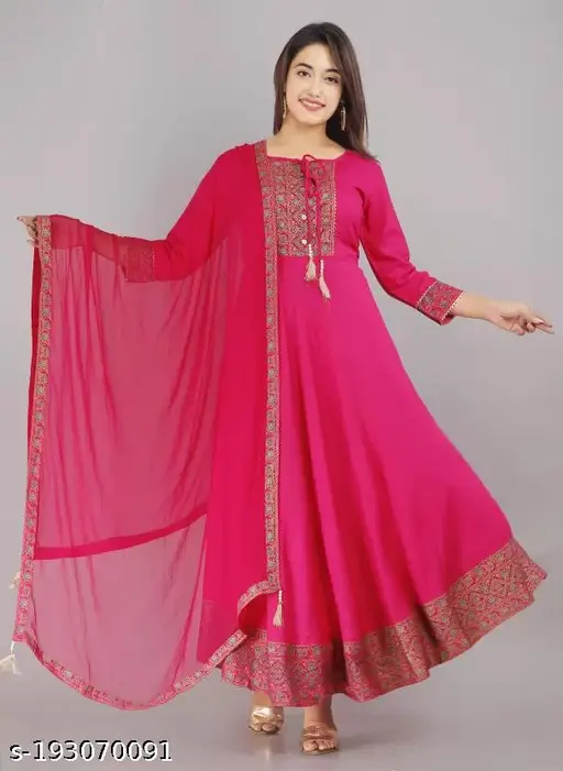 Atttractive Pink Rayon Anarkali Kurta with Dupatta - p-36y5u3 - Image 5