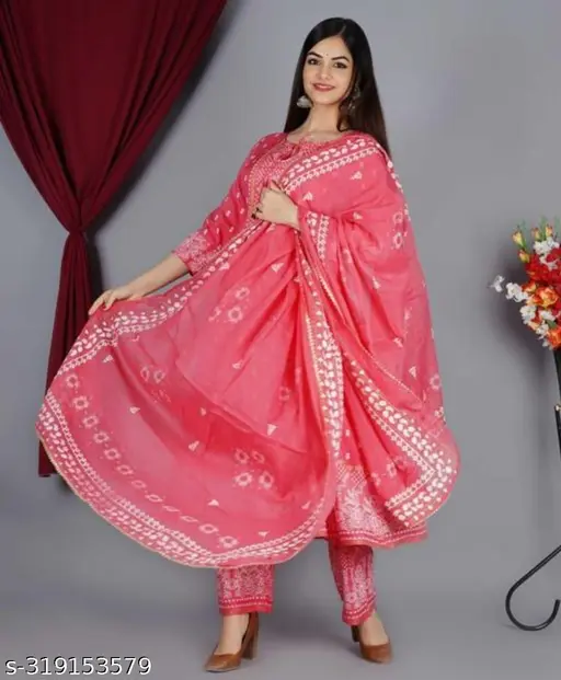Women's Rayon Printed Anarkali Kurti with Pant and Dupatta Set - p-5a0kh7 - Image 2