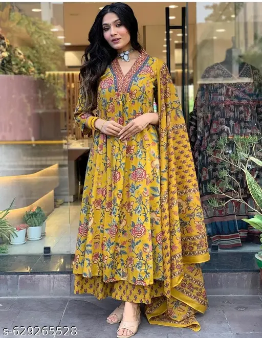 Premium Top Quality Anarkali Kurti with Plazzo and Cotton Dupatta Set. - p-aence0