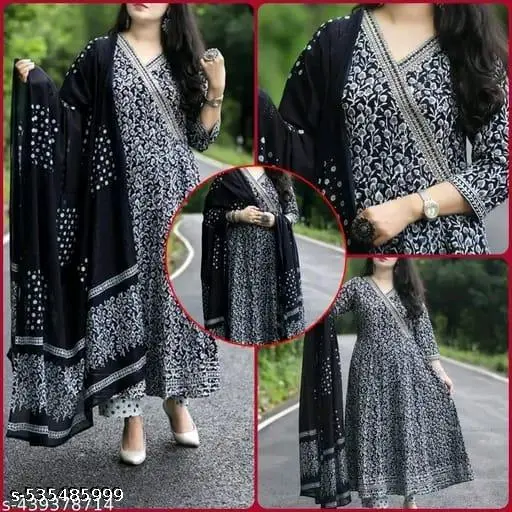 Premium Printed Designer Anarkali Embroidery Women Rayon Kurta With Pant And Cotton Dupatta - p-8utbn3 - Image 5
