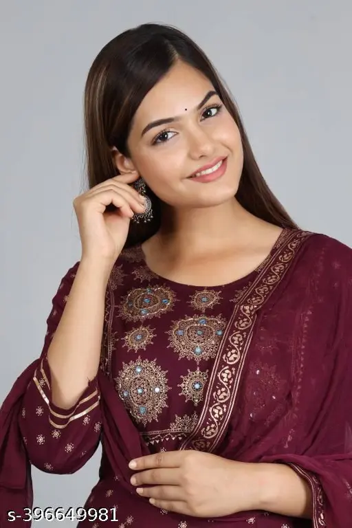 Hanu poyal wine  Anarkali Dupatta Set" Women's Printed "Anarkali Kurti" & Pant Dupatta Set - p-6k5l31 - Image 4